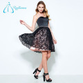 A-Line Lace Satin Crystal Sashes Black Prom Dress